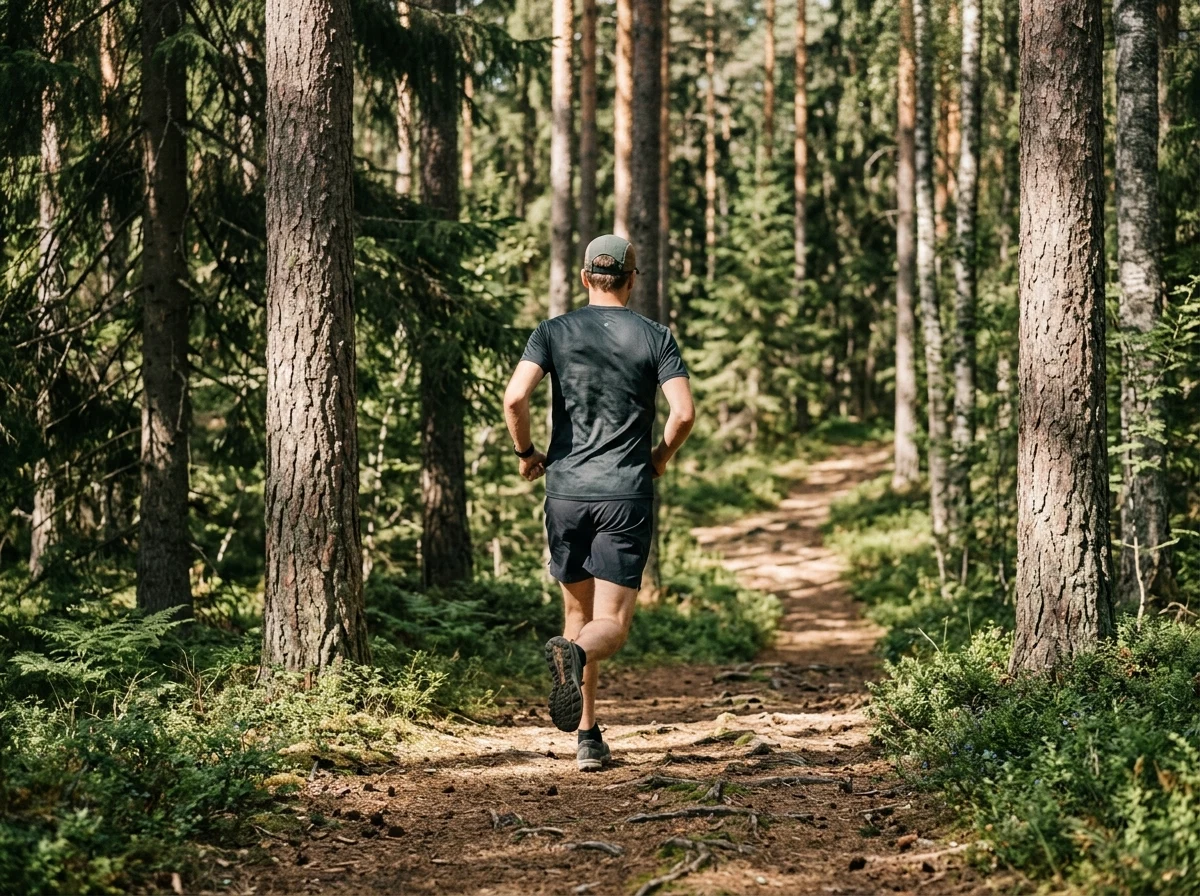 Aktiv man joggar i svensk skog - daglig rutin för mäns hälsa