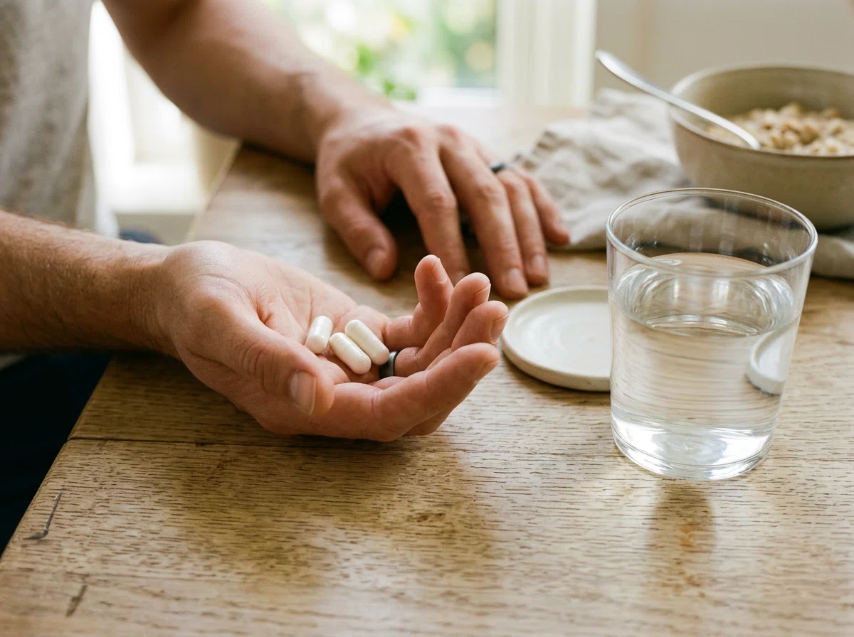 Händer håller kapslar vid frukostbord - daglig rutin kosttillskott